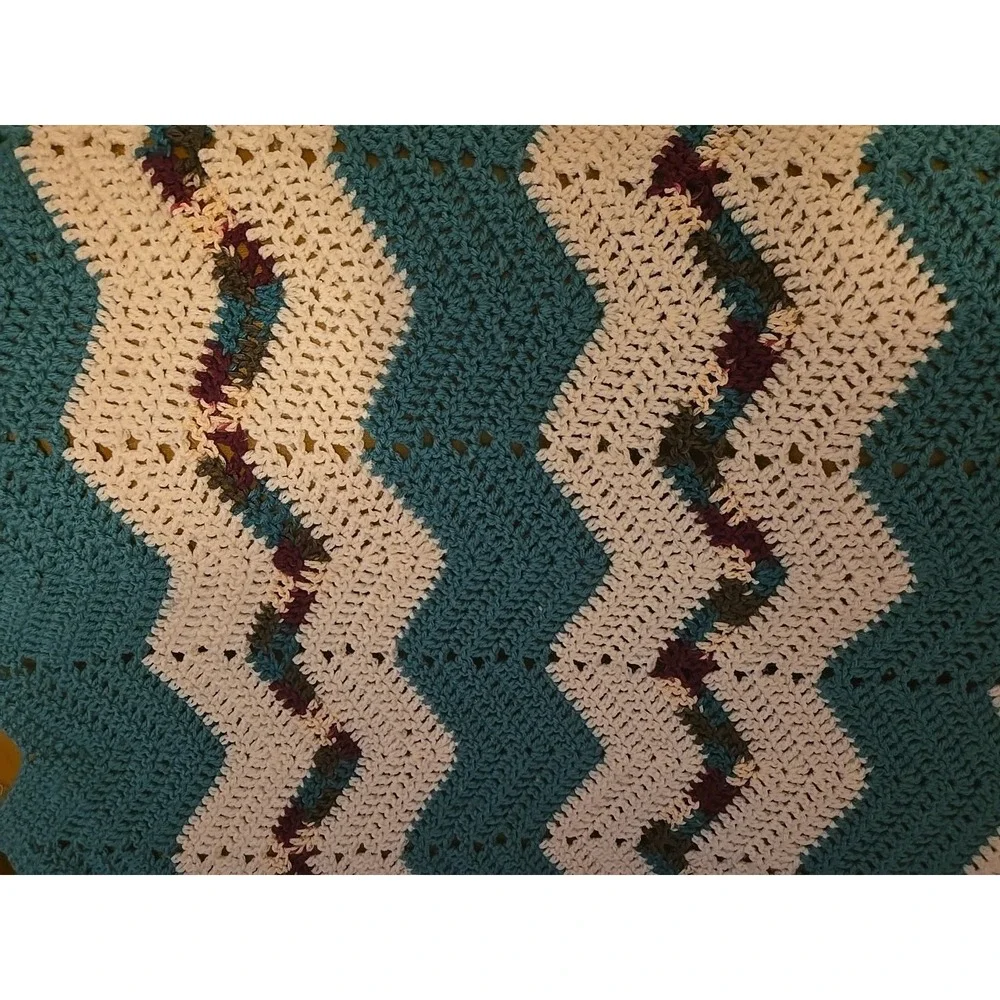 VTG 70s Crochet Afghan Blanket Turquoise White Burgundy Chevron Boho MCM 67x57